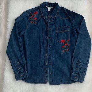 Workshop Republic Clothing Blue Denim Button Down Shirt with Red Embroidery